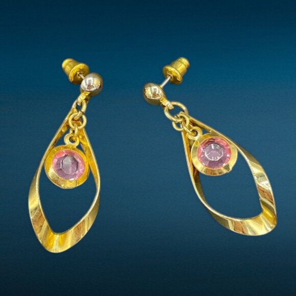 Vintage 70s Gold Tone Pink Crystal Open Work Long Dangle Drop Earrings Post Back - Picture 2 of 7